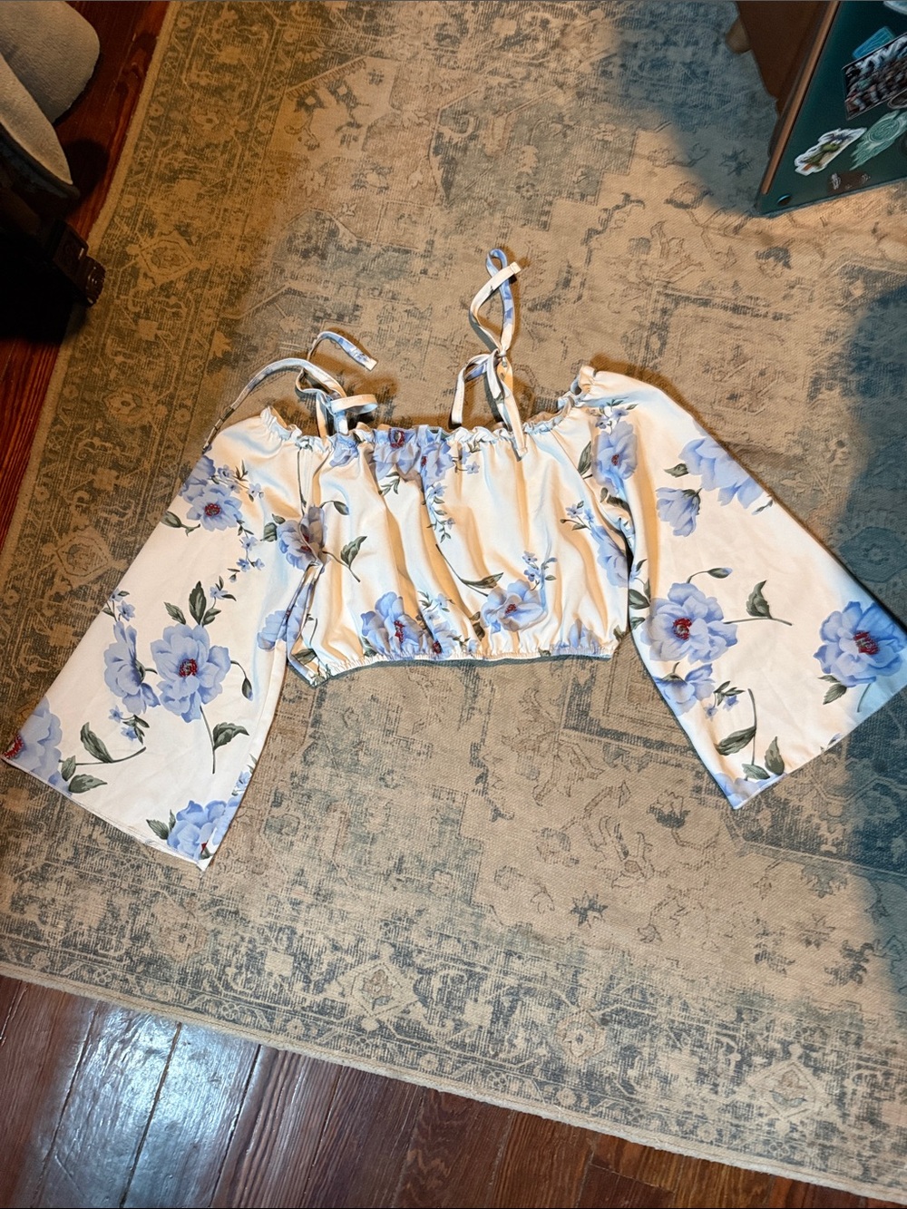 SHEIN White Off-Shoulder Floral Crop Top with Light Blue Blooms
